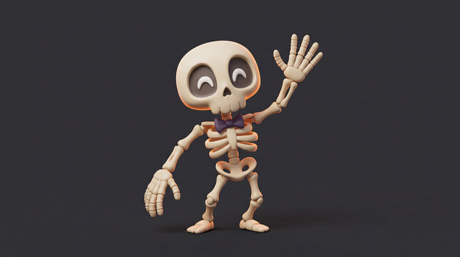 Cute cartoon skeleton waving happily with friendly expression on dark background