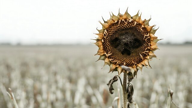 Sunflower with drooping head in a vast rural field during daytime