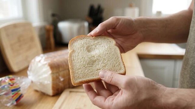 Man gently squeezing a soft slice of white sandwich bread in a kitchen food