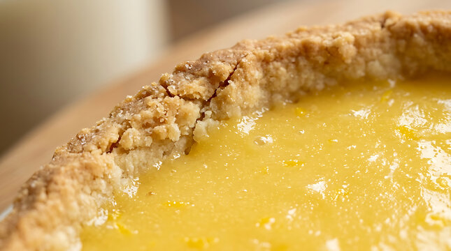 Close-up macro of golden lemon tart crust with vibrant citrus filling