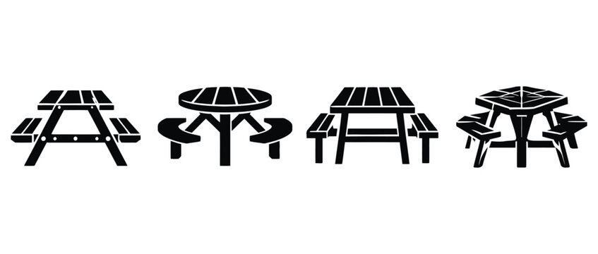 Set of black picnic table icons for outdoor park furniture design and