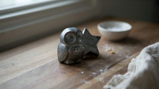 Decorative owl and star figures on wooden surface with bowl in background