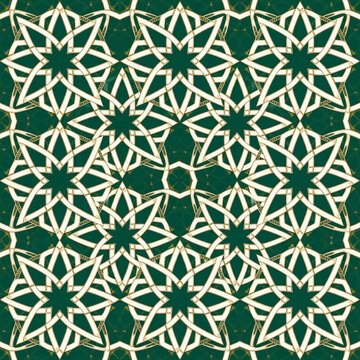Emerald green and ivory twelve-fold star latticework Islamic geometric pattern