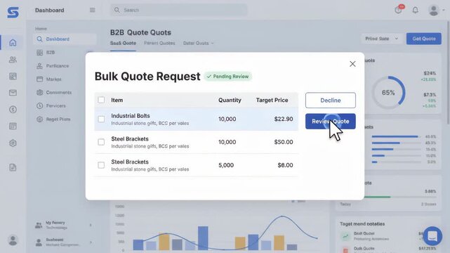 computer mouse cursor hovering over bulk quote request pop-up window displayed on business management dashboard interface showing analytics and charts in the background