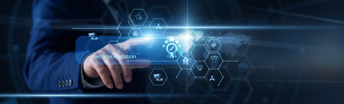 System analyst hand pointing at Recommendation engine on a global digital security interface screen. Data consultant using interactive tablet to evaluate user suggestions.