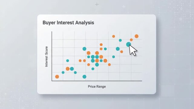 bubble chart displays buyer interest analysis against price range on digital interface screen set against soft abstract grid background representing data analytics and business intelligence