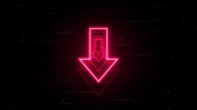 Neon pink glowing arrow tunnel animation, retro synthwave style digital background, futuristic data download concept, motion loop