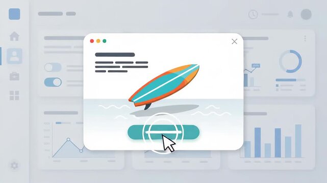 colorful surfboard floating in digital pop-up window displayed against blurred background interface featuring various financial charts analytical graphs and data management elements
