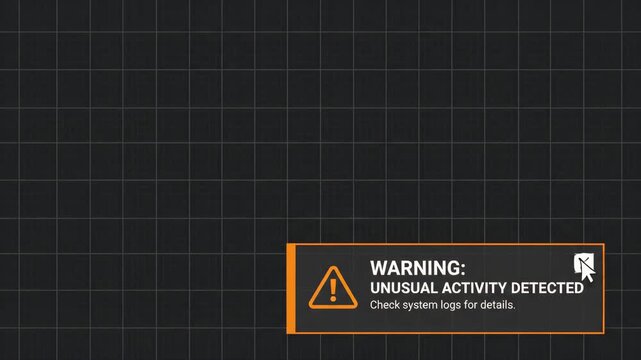 digital warning message regarding unusual activity detected displayed in an orange notification box overlaid on dark grey grid background on computer screen