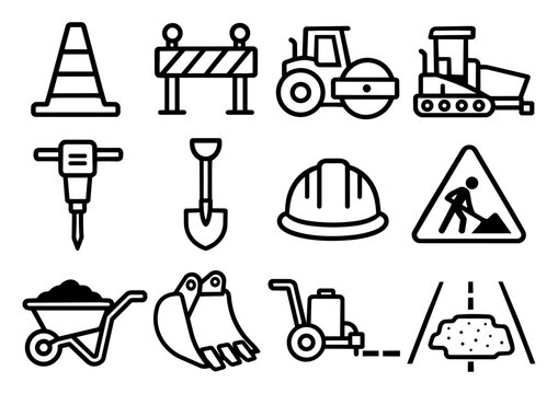 Road Construction and Asphalt Equipment Line Icon Set