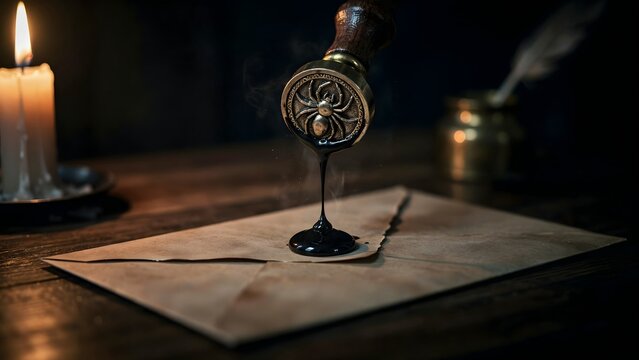 Antique wax seal stamp dripping wax onto parchment with lit candle in background