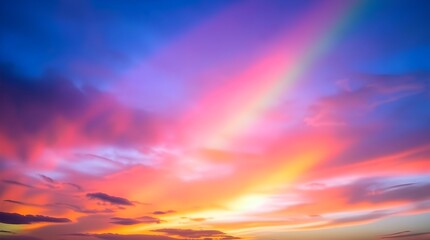 Fototapeta premium Vibrant Sunset Sky with Glowing Rainbow Arc and Dramatic Colorful Clouds at Golden Hour Twilight
