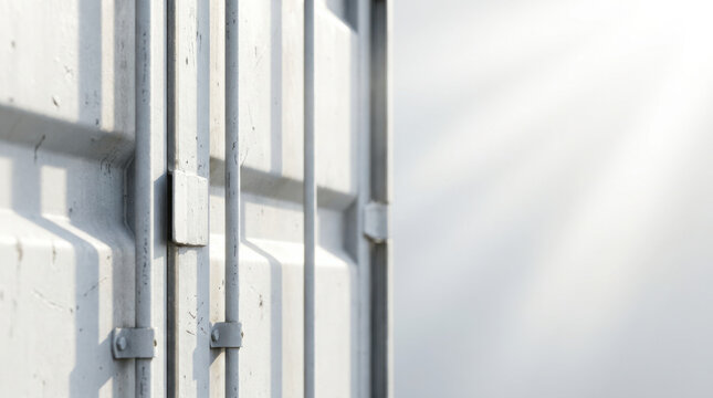 Shipping container door hardware in soft light shows industrial geometry and texture