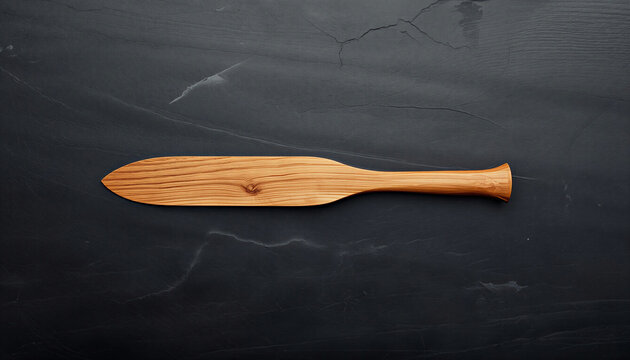 Top view flat lay of single handcrafted smooth wooden butter knife spreader on dark slate background
