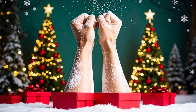 Illuminated christmas trees with red and golden garlands into a forest with snowy fla