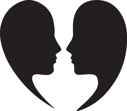 Emotional wellbeing logo with human profiles forming a heart shape. Black icon silhouette vector