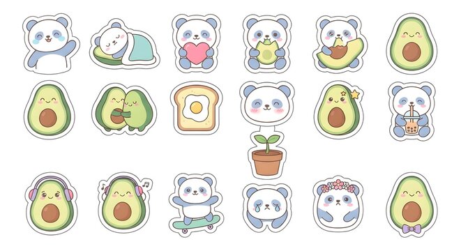 Vector illustration set of adorable panda bear characters and avocado slices in various cute expressions and activities, designed with white sticker borders.