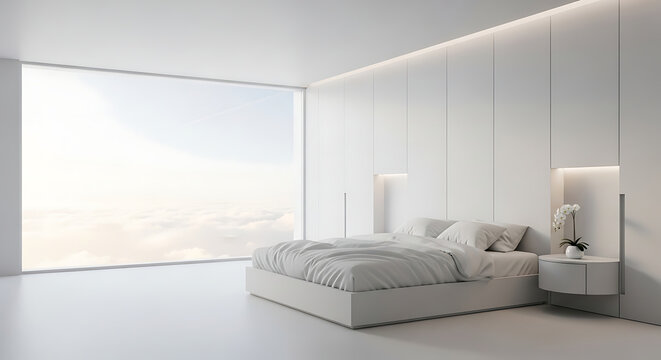 Minimalist white bedroom with large window and cloudy sky view background full hd download 2025 2026
