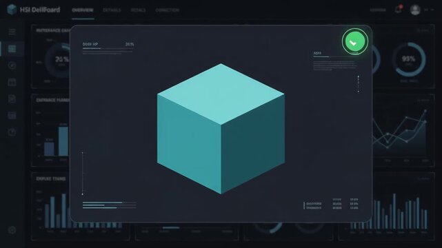 glowing 3D geometric cube icon rotates and unfolds within digital interface displayed on dark virtual dashboard screen with various analytical charts and statistical data in the background