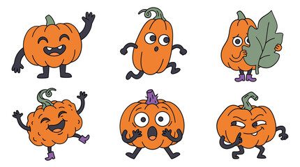 Fototapeta premium Cute animated pumpkin characters orange Halloween clipart