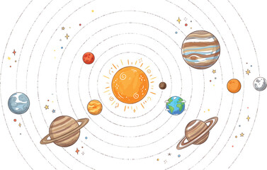 Colorful Solar System Illustration with Sun, Eight Planets, Orbital Paths, Saturn Rings, Stars, and Hand Drawn Outer Space Elements © Sreemotimadhobi