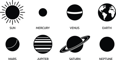 Black Solar System Planet Icon Set Featuring Sun, Mercury, Venus, Earth, Mars, Jupiter, Saturn, and Neptune in Minimalist Monochrome Style © Sreemotimadhobi