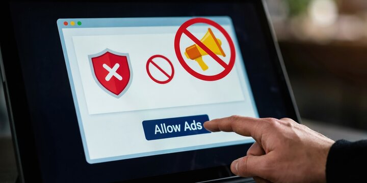 A person's finger touching an allow ads button on a tablet screen, displaying a red shield icon, a prohibition sign, and a muted megaphone