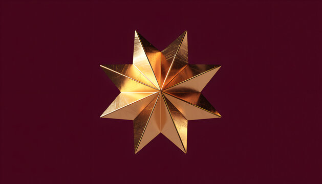 Metallic gold star with eight points, luxury faceted octagram on dark red background, elegant celestial symbol for festive greeting cards