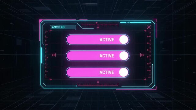 digital interface showing loading toggle switch for system activation set against dark glowing futuristic cyberspace background with geometric grid lines and data visualization elements