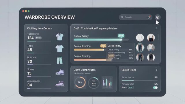 Digital wardrobe interface displaying clothing item counts and outfit frequency analytics on dark mode dashboard screen with cursor moving over light grid background