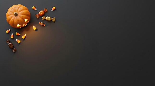 A spooky and delightful halloween scene 3d rendered candy jack o' lantern and a dark border for festive celebrations