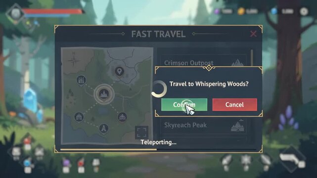 user selects fast travel location on digital map menu within fantasy role-playing game featuring blurred mystical forest landscape in the background