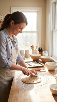 Woman happily cutting heart shaped cookies from dough in a bright kitchen