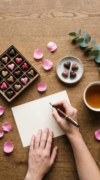 Overhead view of hands writing a card surrounded by heart chocolates rose petals and tea on a wooden table