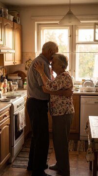 Elderly couple embracing and dancing romantically in a sunlit kitchen, celebrating enduring love and companionship