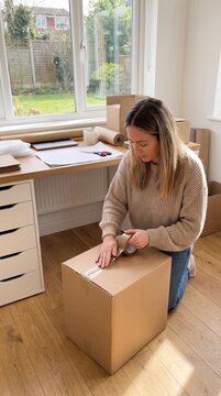Woman sealing a cardboard box with packing tape at a desk with shipping supplies