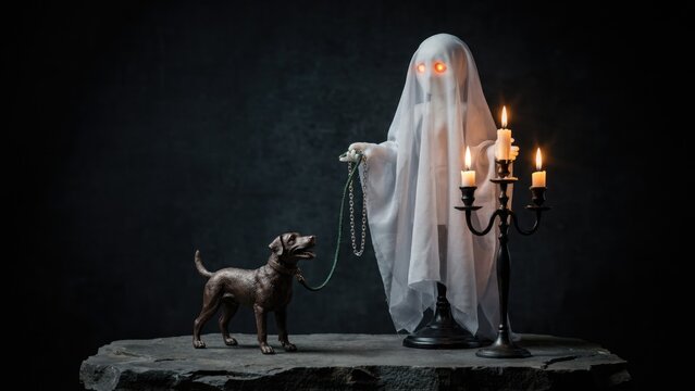 A white ghost figure with glowing orange eyes standing next to a bronze dog statue on a leash, beside a lit three-armed black candelabra