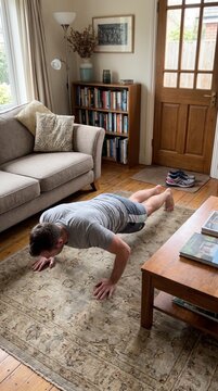 Man doing push ups at home on a rug in living room with bookshelf and sofa