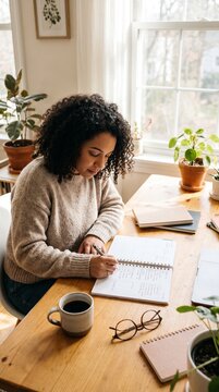 Woman writing in a planner at a wooden desk with plants and coffee