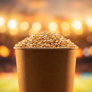 Popcorn in bucket on stadium lights background