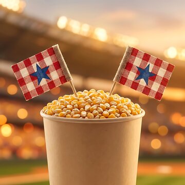 Unpopped popcorn kernels in a cup with decorative flags