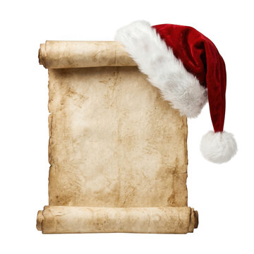 Old paper scroll with santa claus hat isolated on transparent background