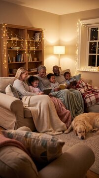 Cozy Family Gathering: A multi-generational family, including grandparents, parents, and children, enjoys a warm and intimate evening together on a comfortable sofa.