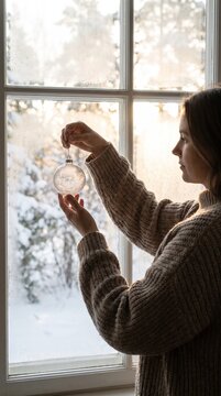 Winter Wonder: A young woman in a cozy sweater holds a delicate ornament, gazing out a frost-covered window at a snow-laden pine forest, embracing the serene beauty of winter.
