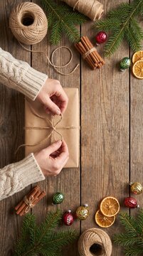Crafting Christmas Joy: Hands adorned in a cozy knitted sweater carefully tie a twine bow around a brown paper gift, surrounded by festive decorations like cinnamon sticks, dried orange slices.