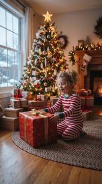 Christmas Morning Excitement: A young child, dressed in festive pajamas, sits excitedly before a beautifully decorated Christmas tree, eagerly unwrapping a large, red-wrapped gift.