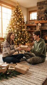 Christmas Morning Exchange: A young couple shares a joyful moment exchanging gifts in front of a beautifully decorated Christmas tree, with presents scattered around a cozy fireplace.
