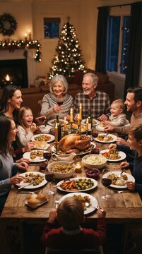Family Feast: A heartwarming scene unfolds as a multi-generational family gathers around a festive table laden with holiday food, illuminated by the warm glow of a Christmas tree and fireplace.