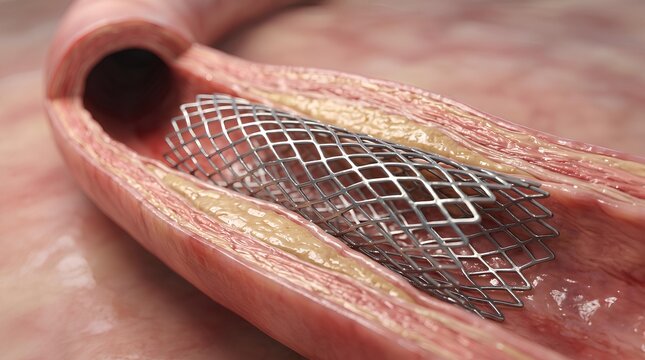 Coronary Stent Expanded Inside Narrowed Artery with Atherosclerotic Plaque