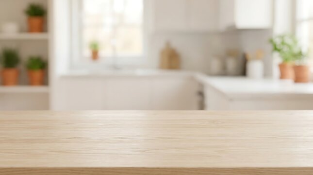 Wooden table top in blur kitchen interior